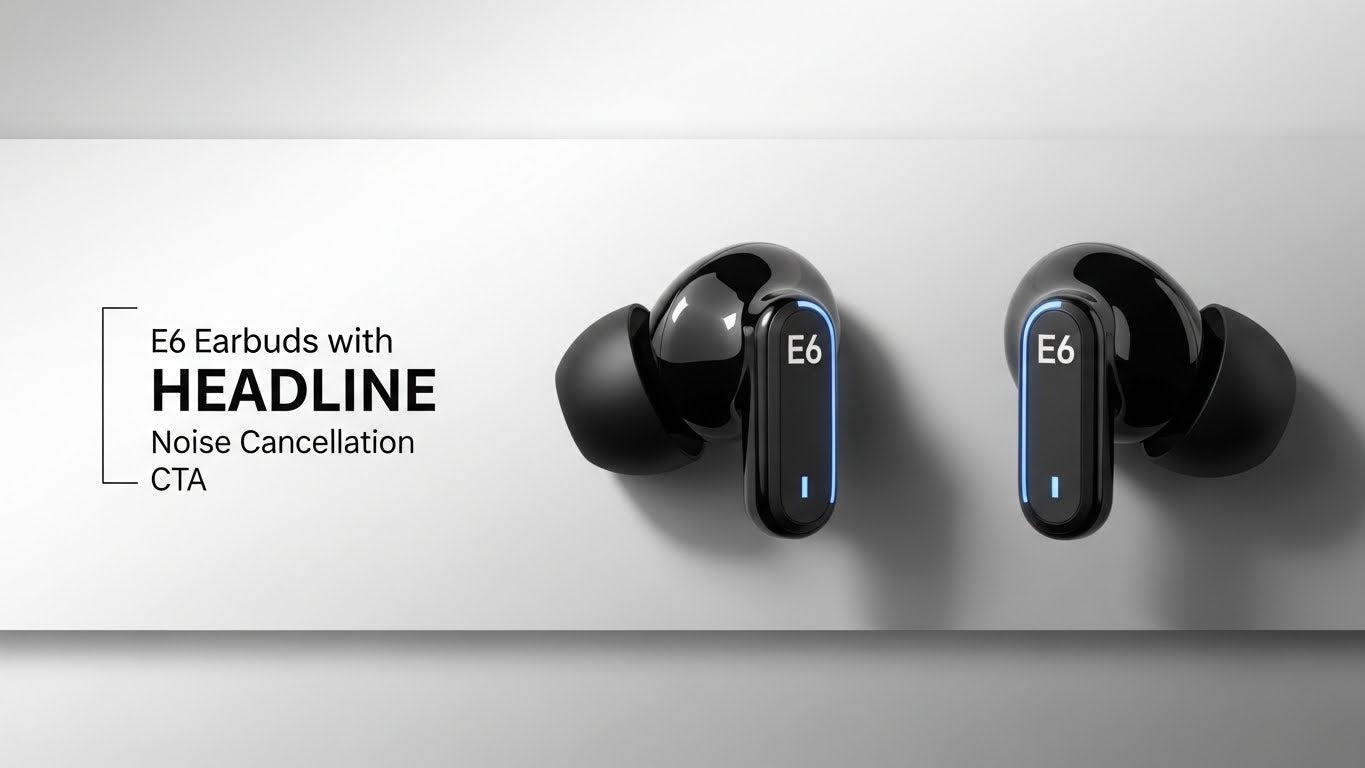 Black E6 earbuds with noise cancellation on a white background