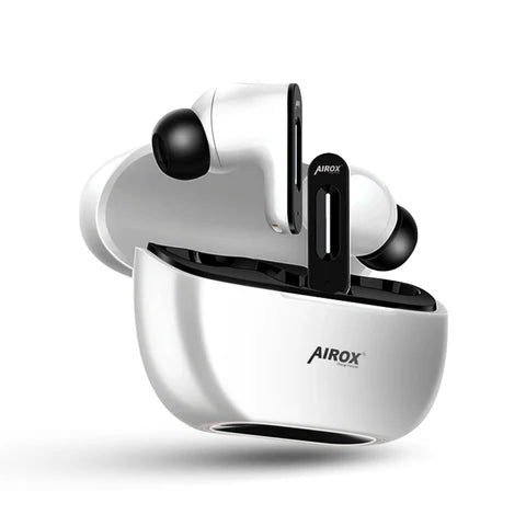 Wireless earbuds with charging case on a white background, featuring the Airox brand.