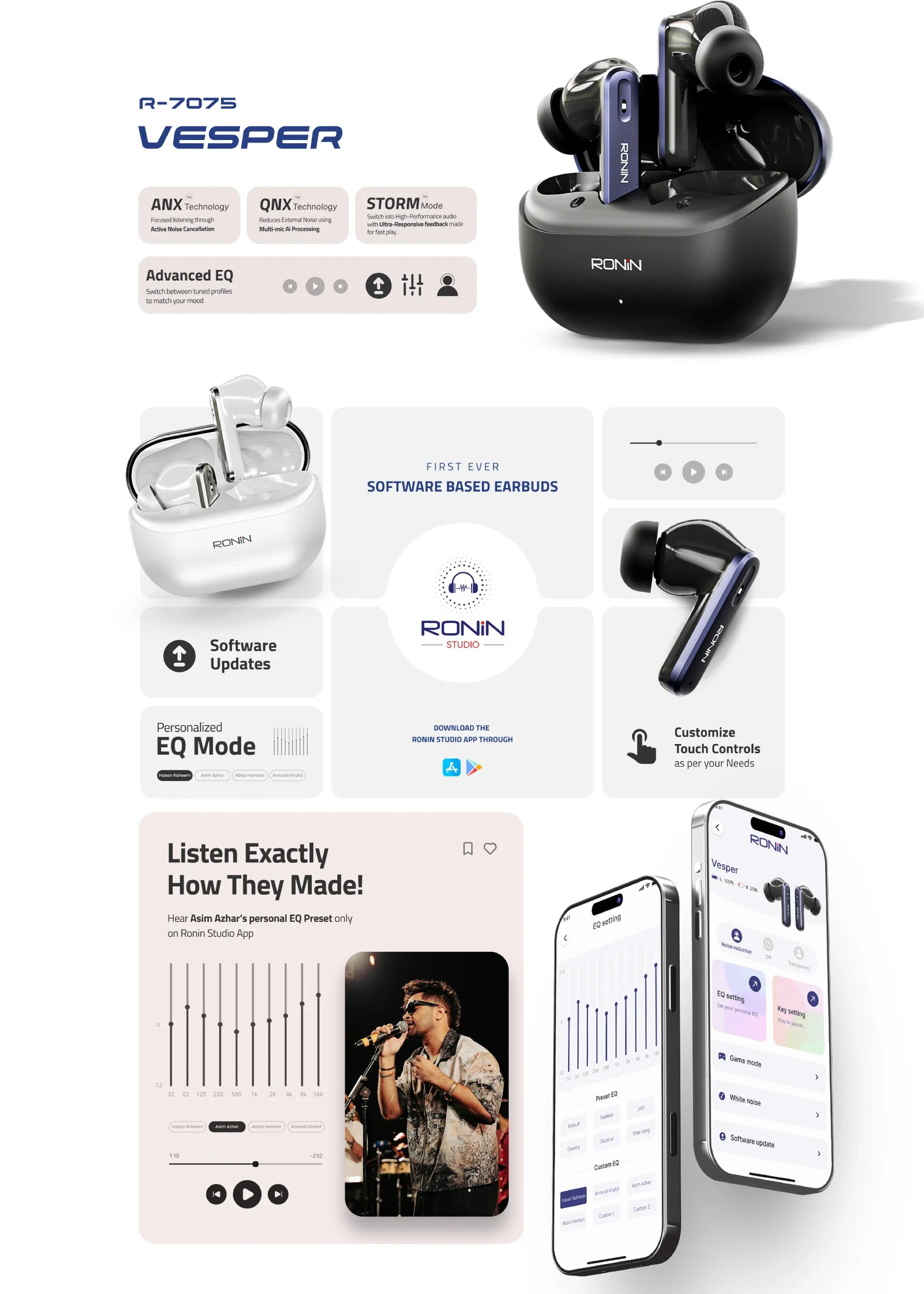 Smartphone with earbud display app on screen, earbuds, and smartphone app interface on a white background